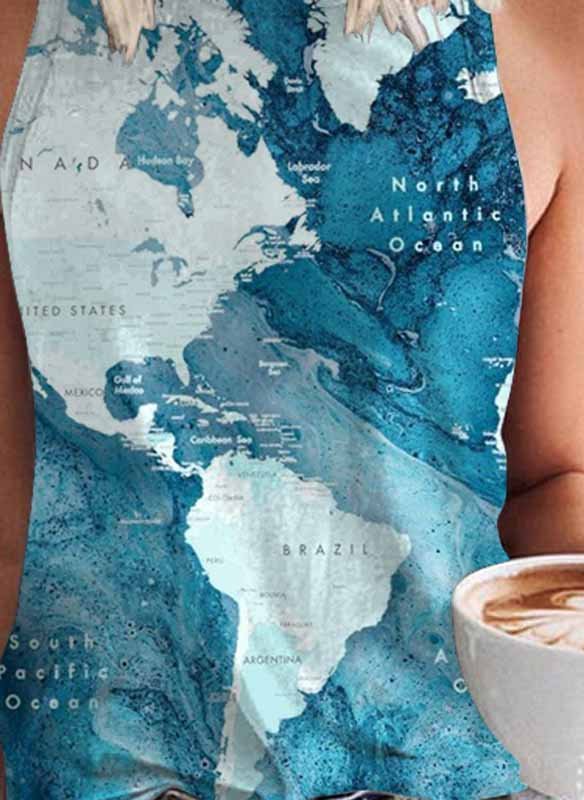 Vintage Map Printed Sleeveless Casual Top