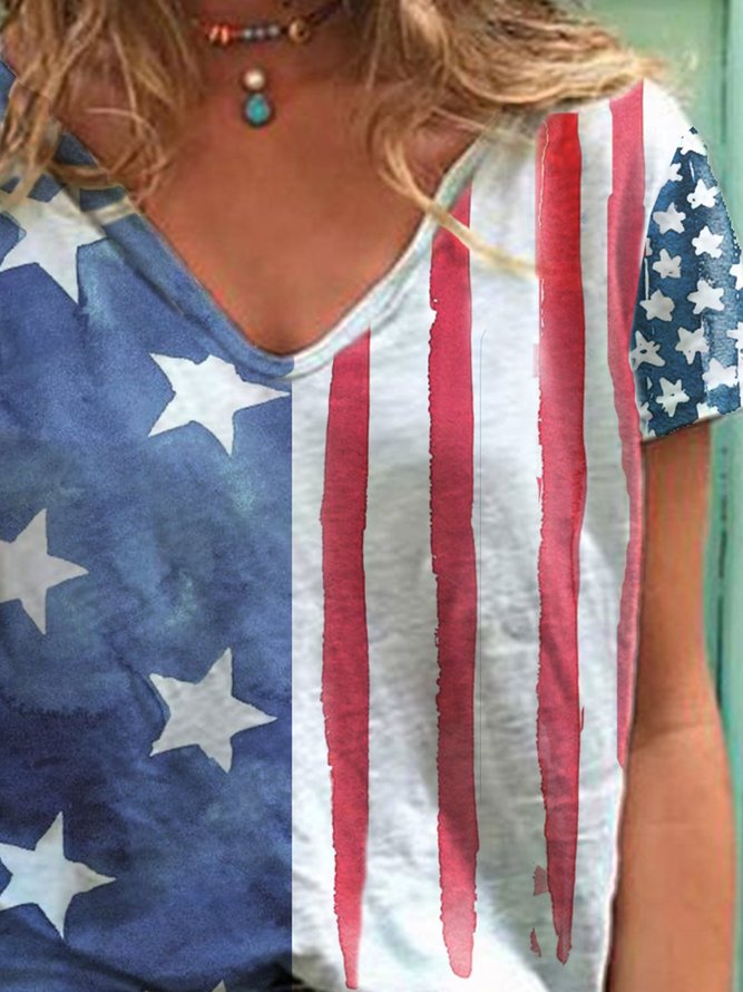 Women Star Striped V Neck Short Sleeve T-shirt