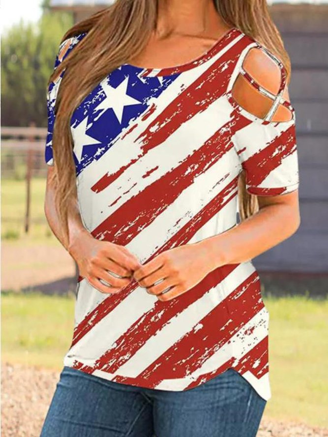 American Flag Star Striped Criss-Cross Cold Shoulder Blouse | lilicloth