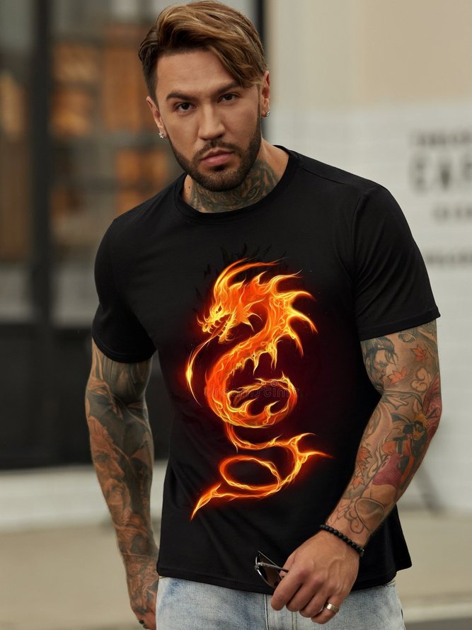 Fire dragon  Short Sleeve Cotton-Blend Casual Shirts & Tops