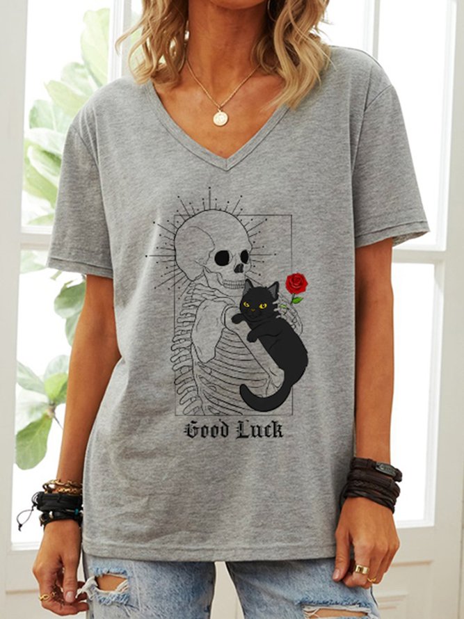Good Luck Skeleton And Black Cat With Rose V Neck Tee