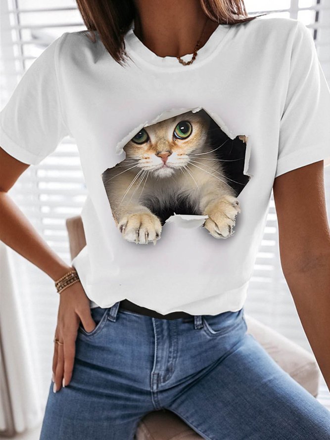 Women's 3d Cat Graphic Tee Cute Funny Animal Printed Crew Neck T-shirt