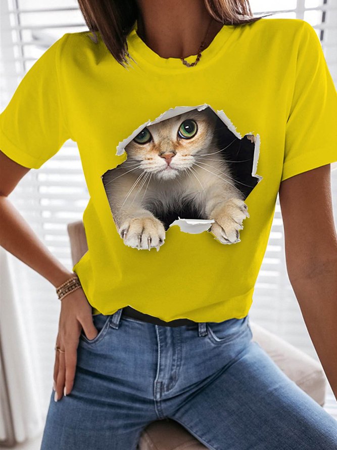 3D Cat Graphic Tee Cute Funny Animal Printed Crew Neck Tshirt