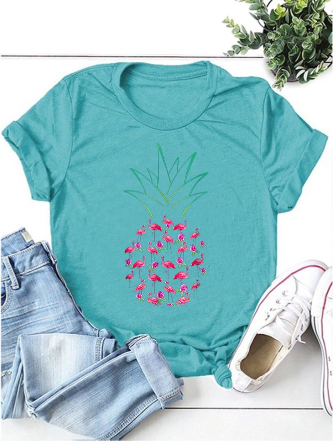 Pineapple Flamingo Funny T-Shirt Women Casual Crew Neck Tee