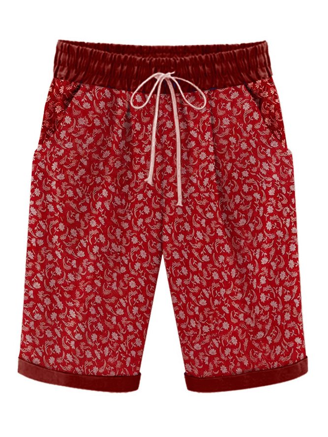 Red Floral Casual Drawstring Shorts | lilicloth