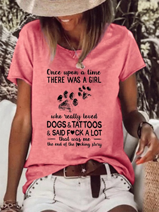 Dogs And Tattoos Crew Neck Shift Casual Short Sleeve Tops
