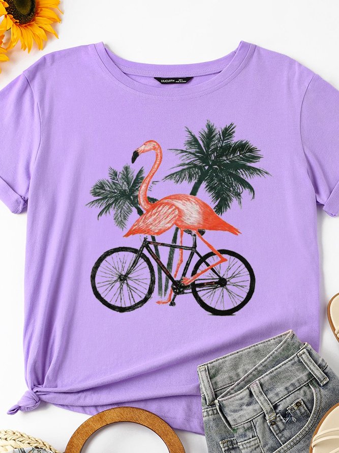 Flamingo Riding A Bicycle Women's Short Sleeve Crew Neck Cotton Shift Tops