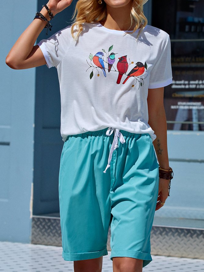 Multicolor Bird T Shirt Women Graphic Ringer Tee Summer Top