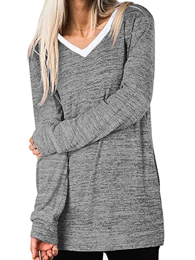 Womens V Neck Casual Sweatshirts Long Sleeve Shirts Oversized with Pocket Tunic Tops
