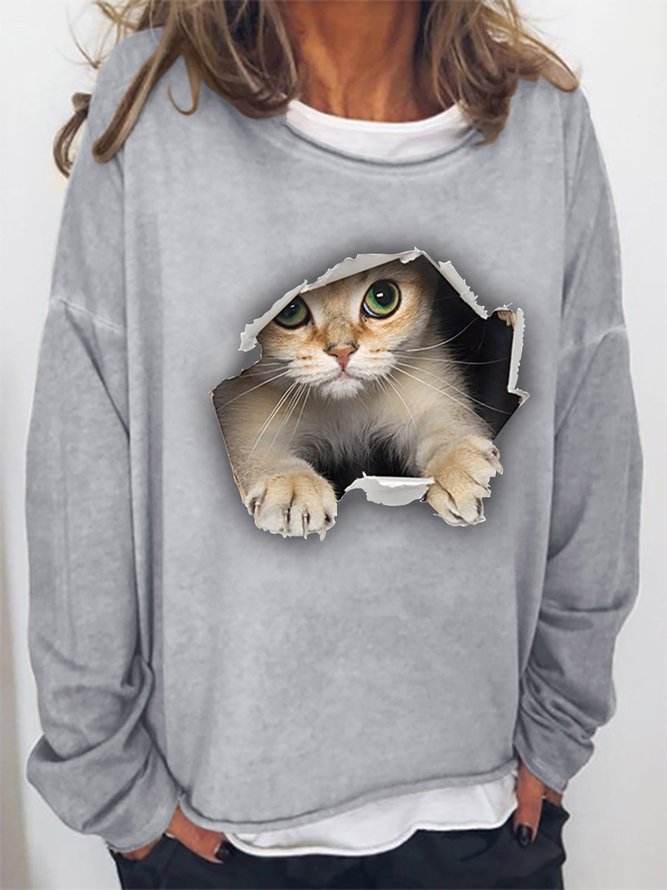 3D Cat Graphic Crew Neck Sweatshirt Cute Animal Long Sleeve Top