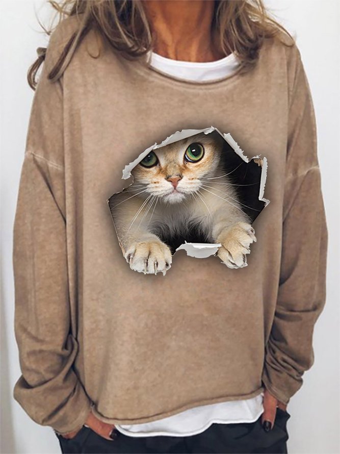 3D Cat Graphic Crew Neck Sweatshirts Cute Animal Long Sleeve Top