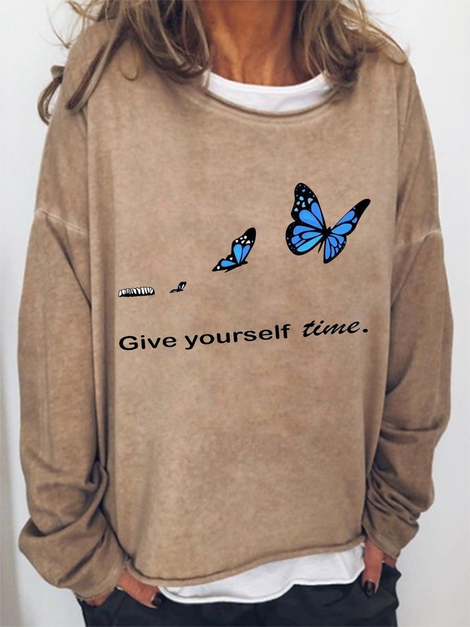 Give Yourself Time Butterfly Crew Neck Sweatshirt Long Sleeve Top