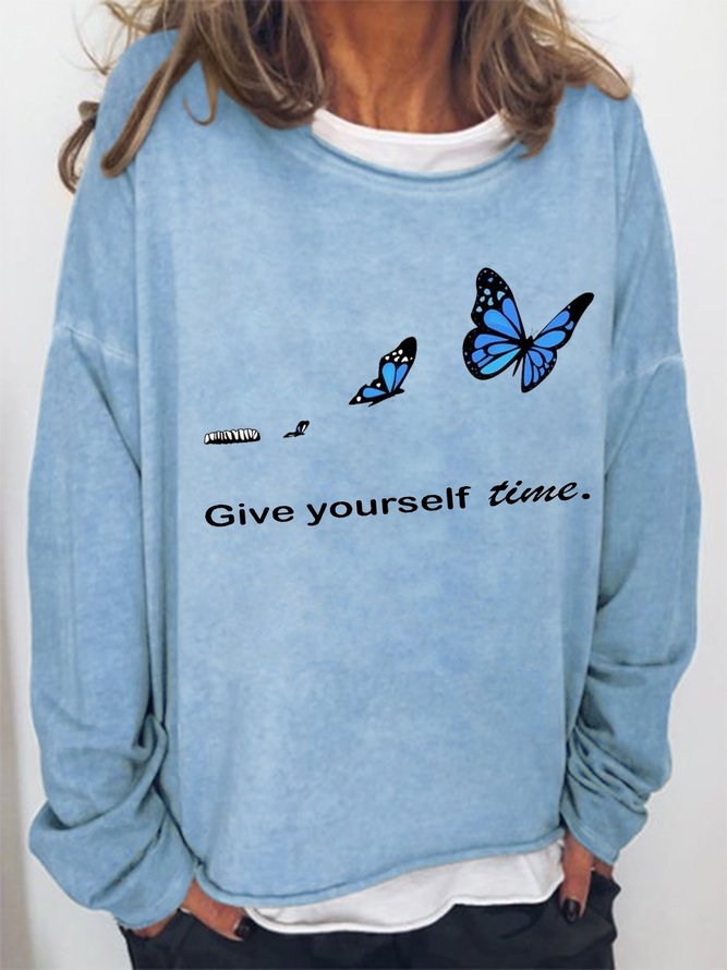 Give Yourself Time Butterfly Crew Neck Sweatshirt Long Sleeve Top