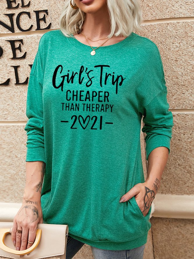 Girl's Trip Cheaper Than Therapy Women's Shift Cotton-Blend Casual Long Sleeve Sweatshirt