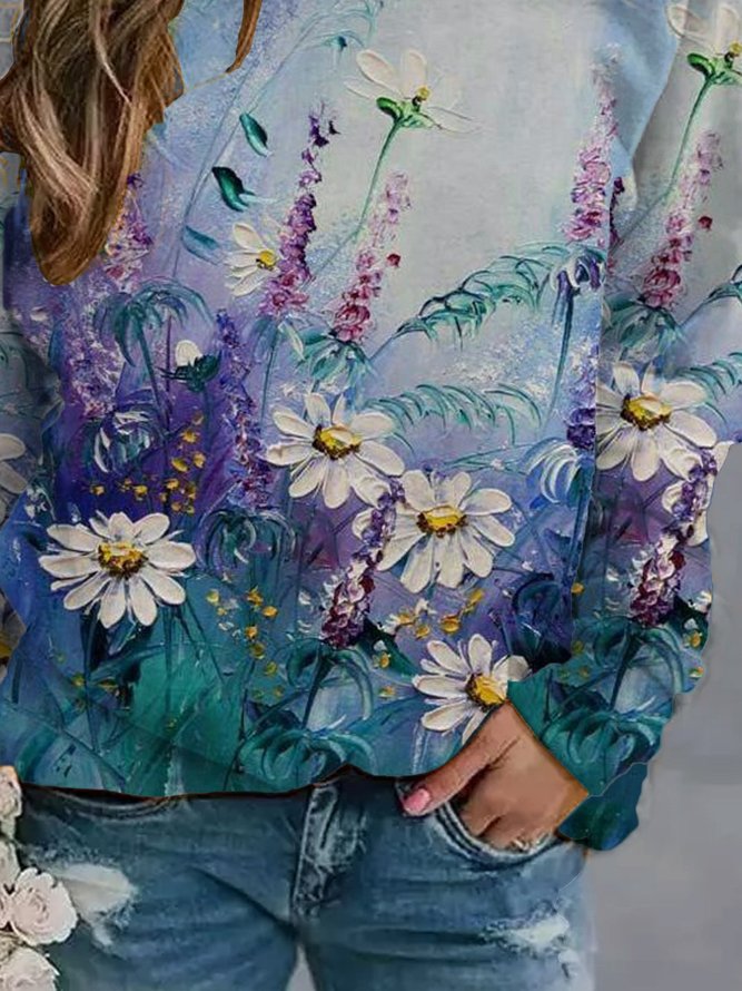 Casual and simple floral print round neck long-sleeved polyester cotton Sweatshirt