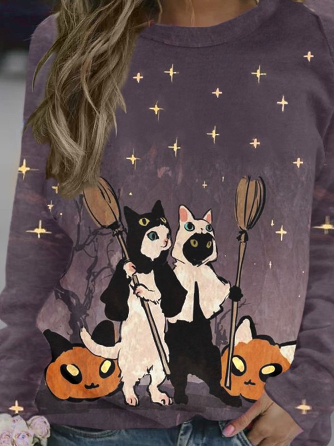 Funny Halloween Cat Women’s Shift Long Sleeve Crew Neck Casual Sweatshirt