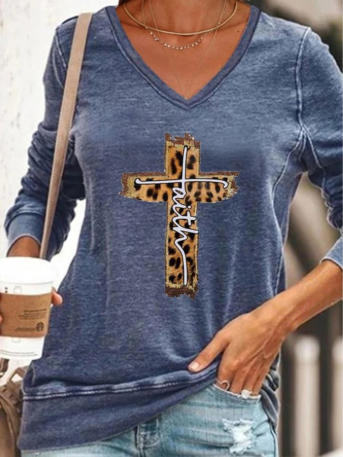 Casual retro leopard cross letter print V-neck long-sleeved polyester-cotton Sweatshirt