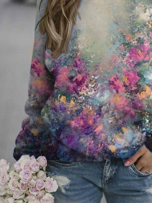 Casual and simple floral gradient color printing round neck long-sleeved polyester-cotton Sweatshirt
