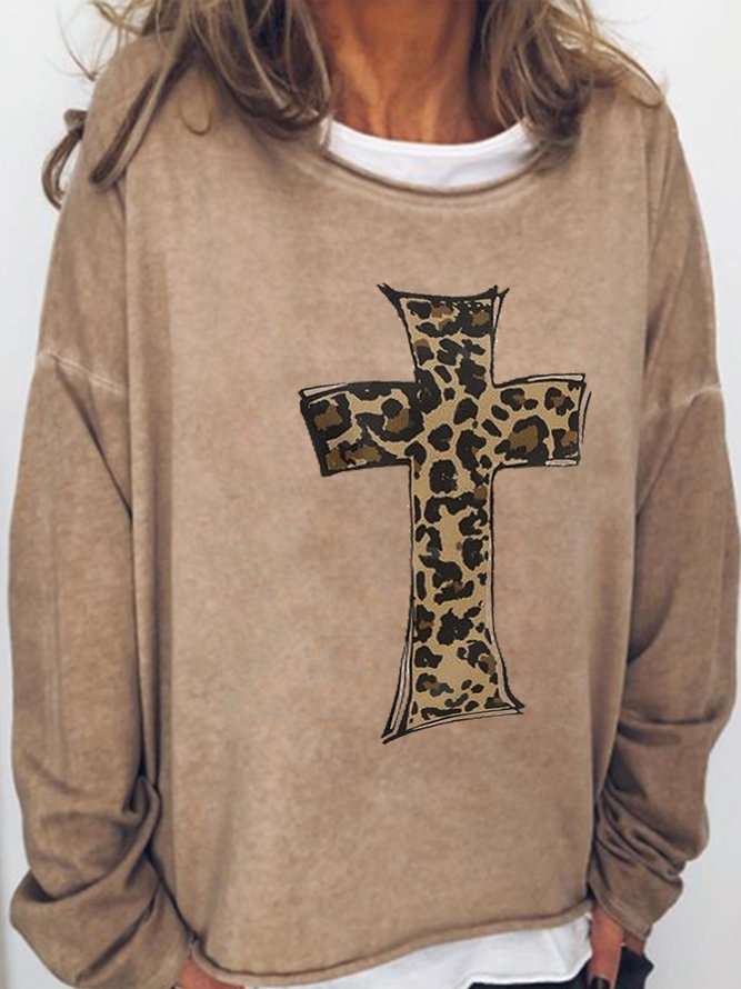 Leopard Cross Long Sleeve Casual Cocoon Sweatshirt