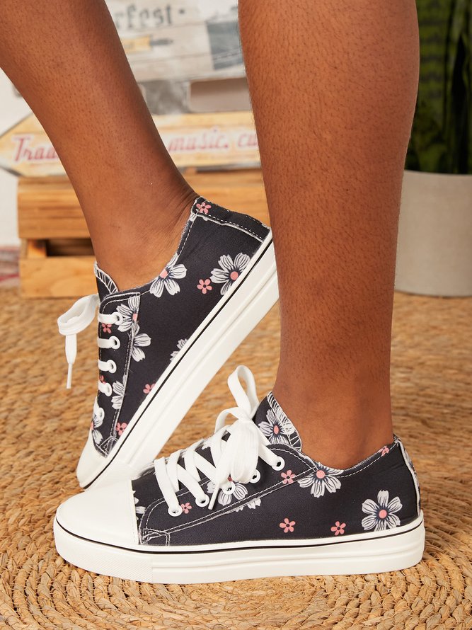 Denim Floral Print Casual Lace-up Flat Sneakers