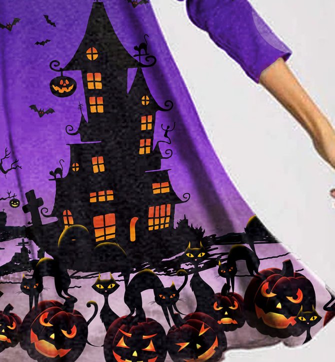 Halloween Purple Castle Pumpkin Pile Neck Woman Dress
