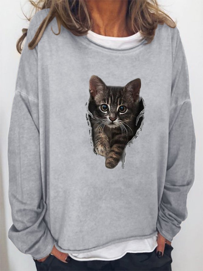 Cat Printed Ladies Round Neck Long Sleeve Polyester Sweatshirts