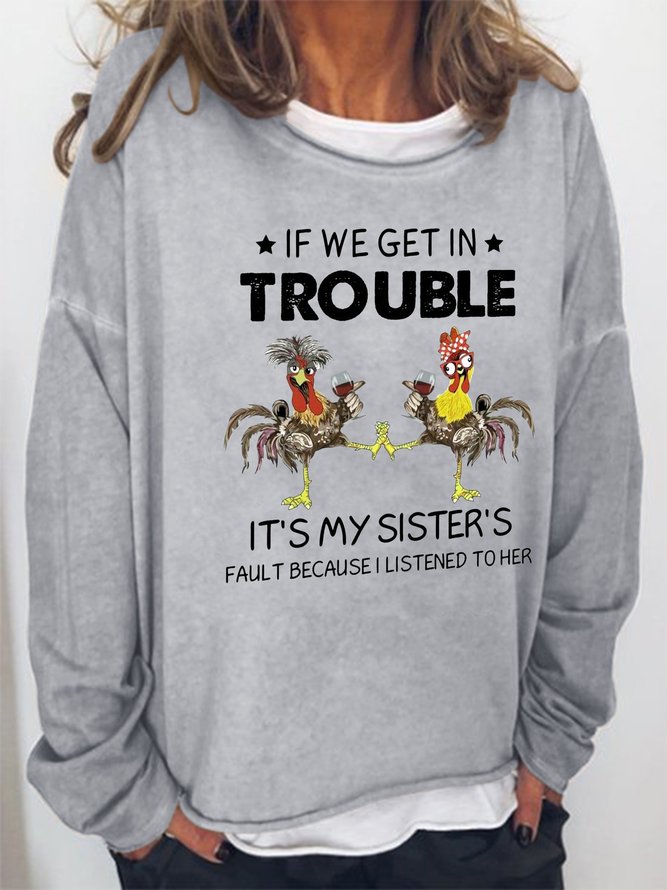 Funny text and rooster print round neck long-sleeved cotton-blend Sweatshirt