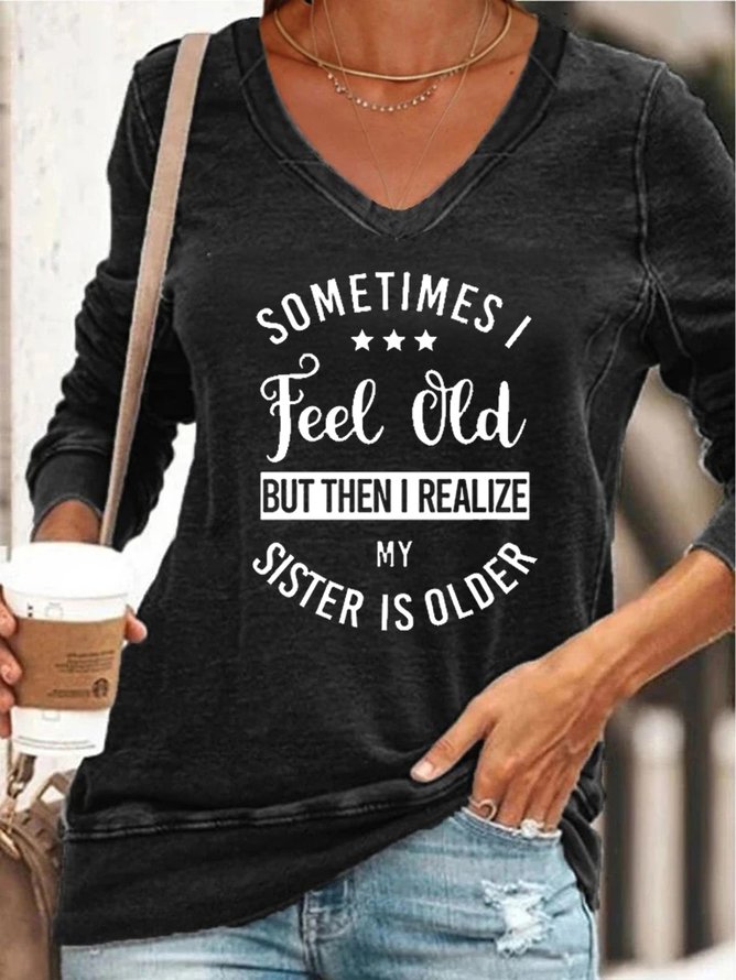 Funny and humorous letter print V-neck long-sleeved cotton-blend Sweatshirts