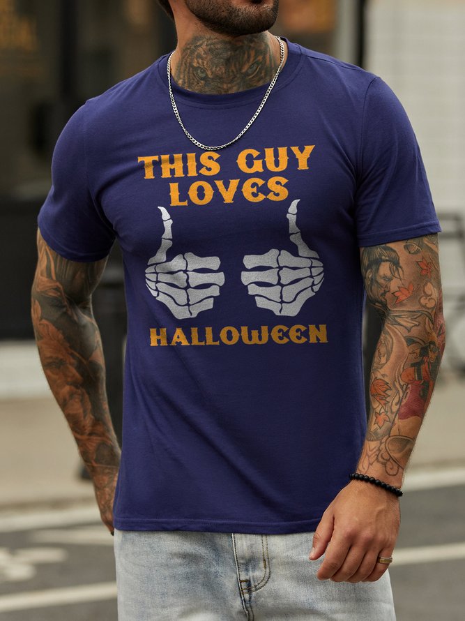 This Guy Loves Halloween Cotton Blends Crew Neck Casual T-shirt