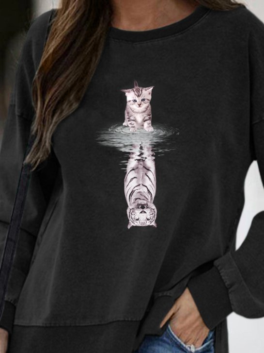 Cat Print Crew Neck Sweatshirt
