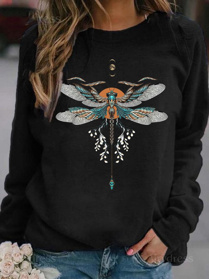 Dragonfly print round neck long-sleeved Sweatshirt