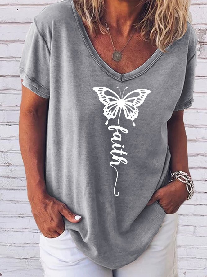 Butterfly letter printed V-neck short-sleeved T-shirt