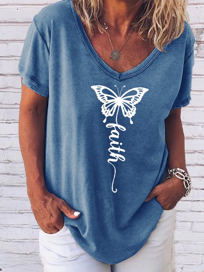 Butterfly letter printed V-neck short-sleeved T-shirt