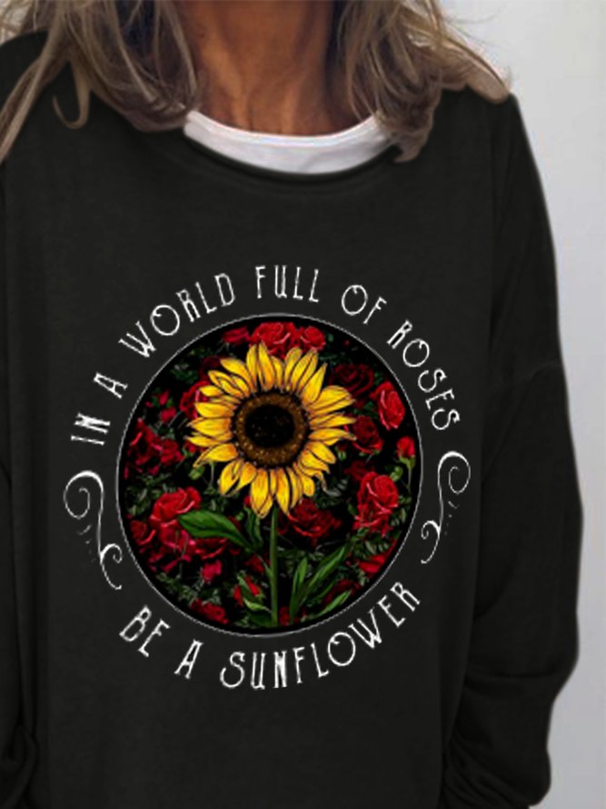 Sunflower Print Round Neck Long Sleeve Sweatshirts