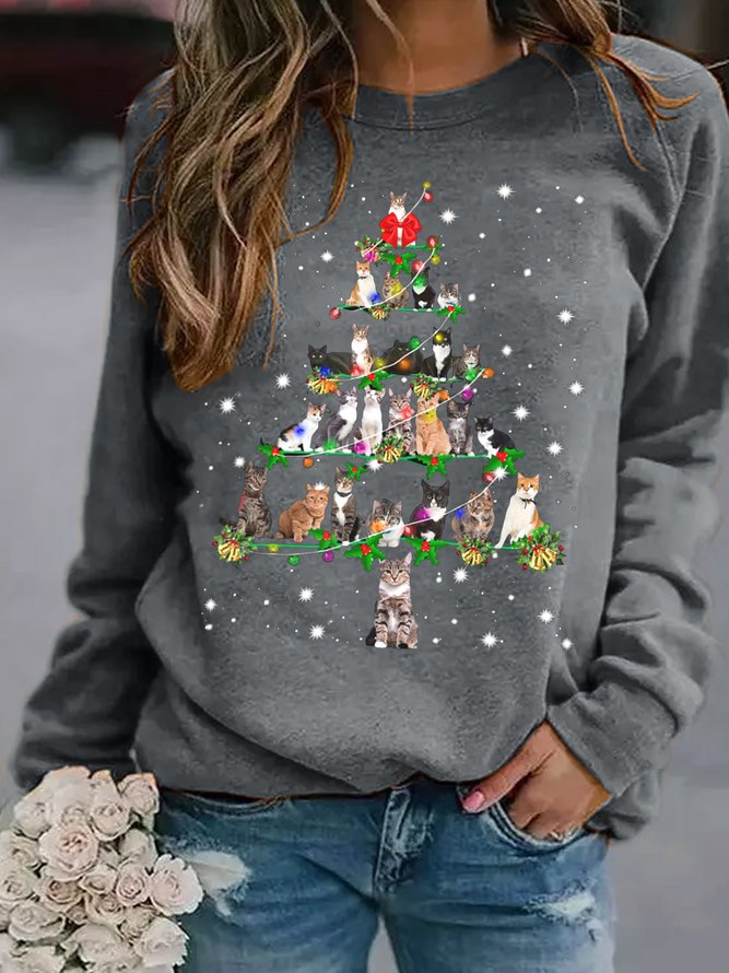 Women's Funny Cats Christmas Tree Casual Sweatshirt