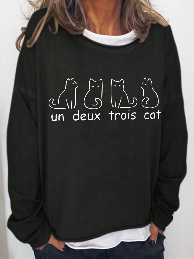 Un Deux Trois Cat Crew Neck Cotton Blends Sweatshirt