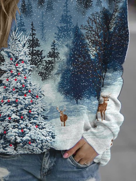 Women's Christmas Gradient Printed Round Neck Sweatshirt