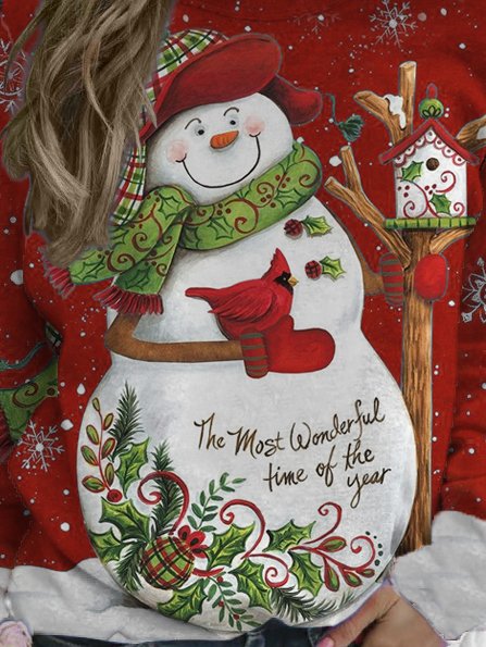 Christmas Snowman Fun Print Round Neck Sweatshirt
