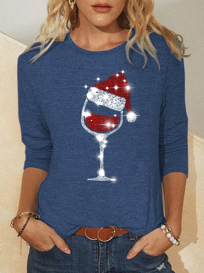 Merry Christmas wine glass Loosen Casual Shirts & Tops
