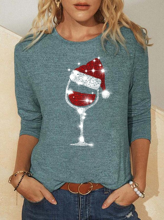 Merry Christmas wine glass Loosen Casual Shirts & Tops