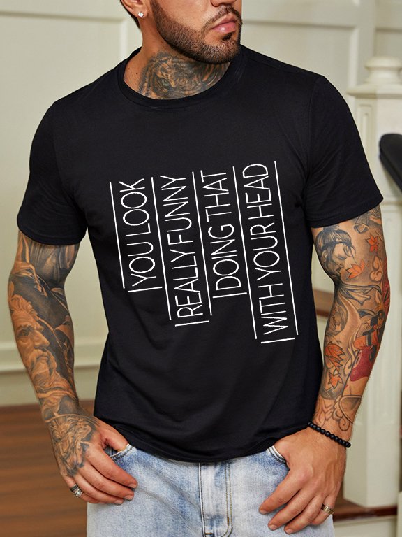 Funny text print round neck short-sleeved cotton T-shirt