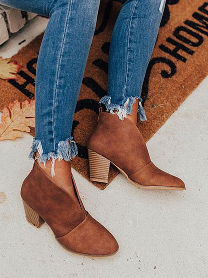 Casual Plain V Mouth Ankle Boots