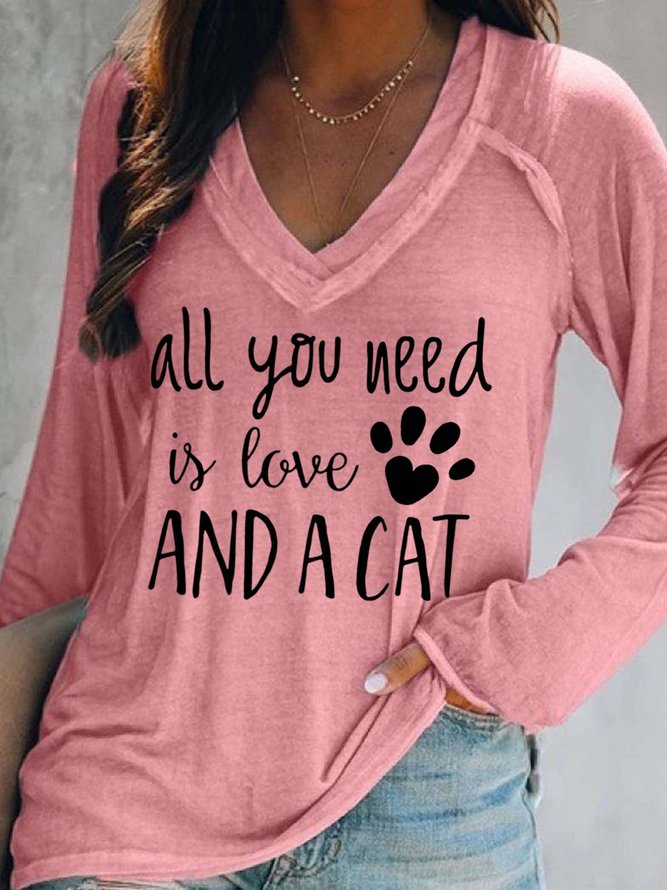 All You Need Is Love And A Cat Casual Cotton Blends V Neck Sweatshirts