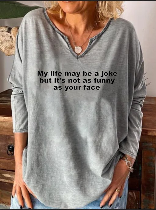 Humorous and satirical text print notched neck long sleeve shirt ...