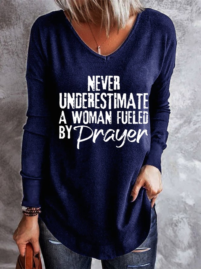 Never Underestimate A Woman Fueled By Prayer Women's V-neck Long Sleeve Top