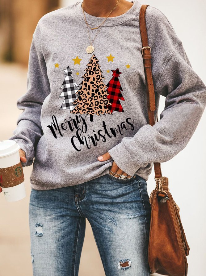 Merry Christmas Trees Plaid Leopard Printed Women's Sweatshirt