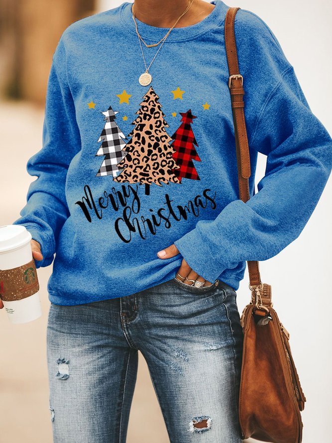 Merry Christmas Trees Plaid Leopard Printed Women's Sweatshirt