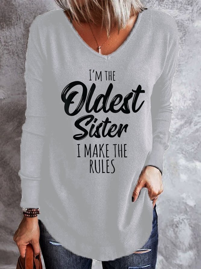 Sister Funny Letter Casual V Neck Sweatshirts