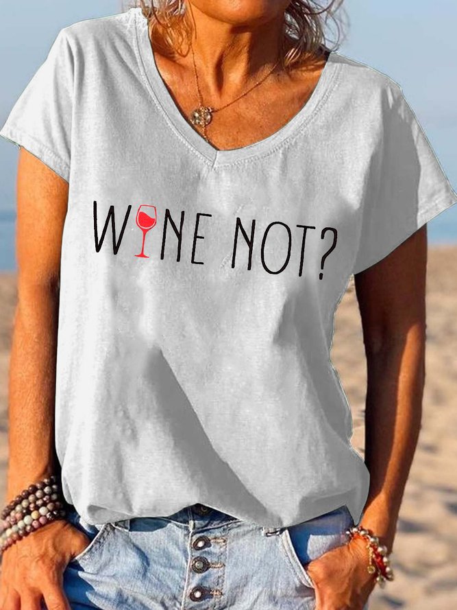 Wine Fun Text Print V-neck Short Sleeve T-shirt