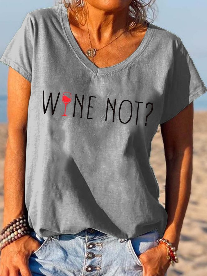 Wine Fun Text Print V-neck Short Sleeve T-shirt
